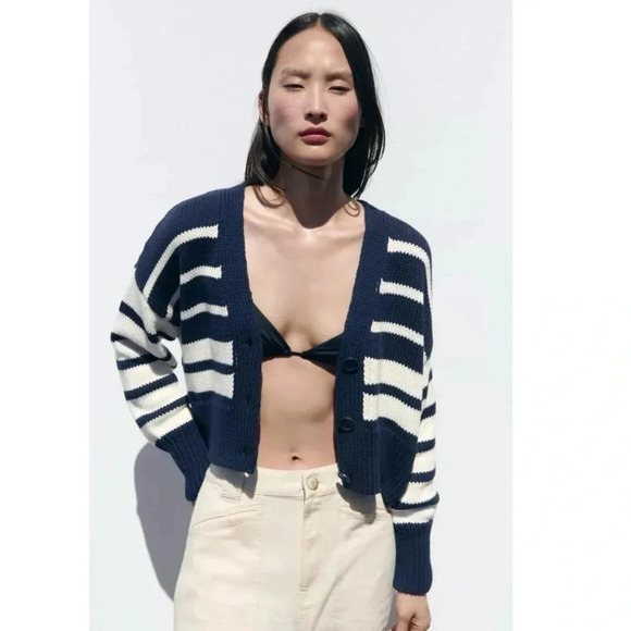 NWT Zara Striped Knit Cardigan Sweater Cropped V Neck Button Down - Picture 15 of 16